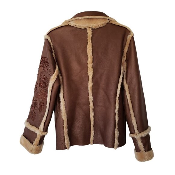 Vintage Faux Leather Fur Shearling Jacket With Beaded Embroidered Sleeve - Picture 2 of 7